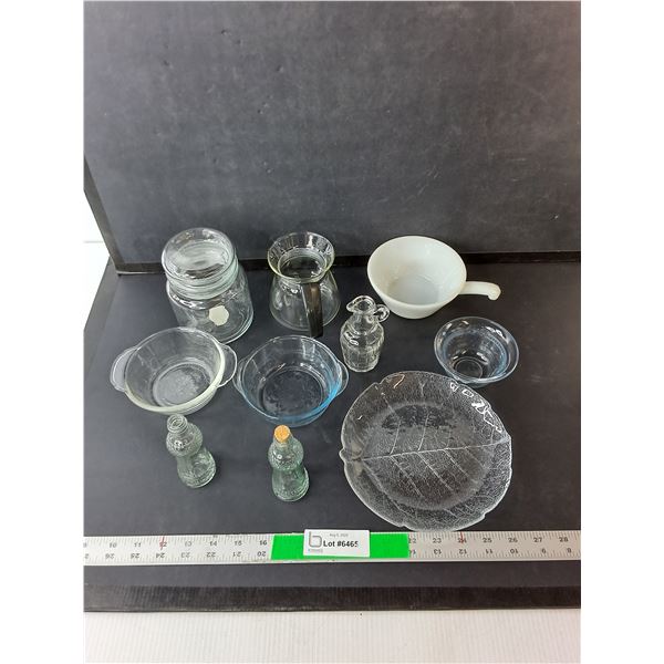 Glass Dish Lot- Cruet, (2) Glass Bottles 4.75" Tall, Anchor Hocking Handled Bowl, Misc.