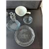 Image 2 : Glass Dish Lot- Cruet, (2) Glass Bottles 4.75" Tall, Anchor Hocking Handled Bowl, Misc.