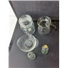 Image 3 : Glass Dish Lot- Cruet, (2) Glass Bottles 4.75" Tall, Anchor Hocking Handled Bowl, Misc.
