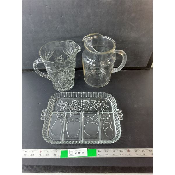 Glass Lot- (2) Pitchers Up to 9" Tall & Tray 12.5" Long