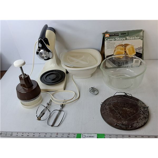 Vintage Sunbeam Mixmaster- Powers On, Camp Stove Toaster, Glass Bowl 10" Diameter, Misc.