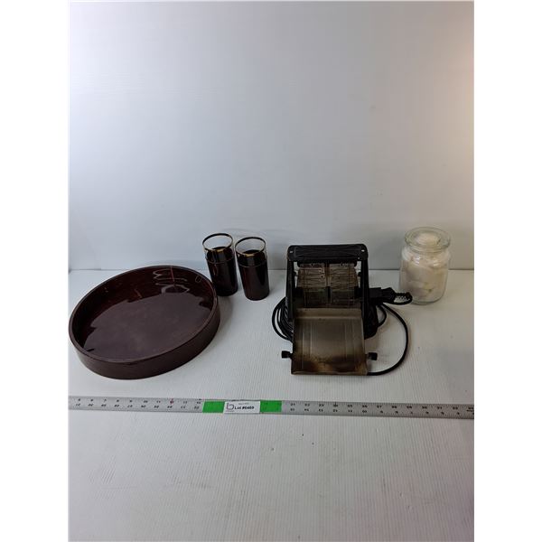 Vintage Toaster- Powers On, Glass Jar with Lid, Tray 12.5" & (2) Cups