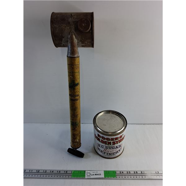 Vintage Green Cross Insecticide Sprayer and Roger's Golden Syrup Tin