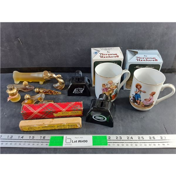 Collectors Porcelain Mugs, Scotsmans Bottle Opener, Roughriders Bells and Perfumes