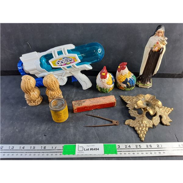 Salt & Pepper Shakers, Brass Candle Holder, Porcelain Figure, Water Gun and Misc