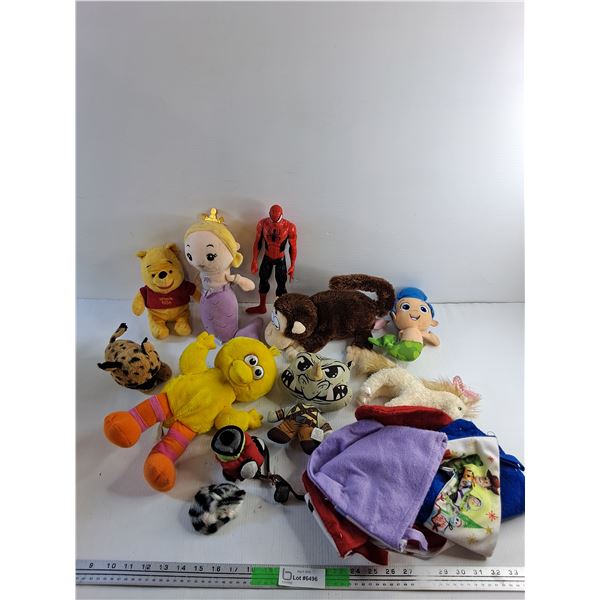 Various Plush Toys and Spiderman Figure