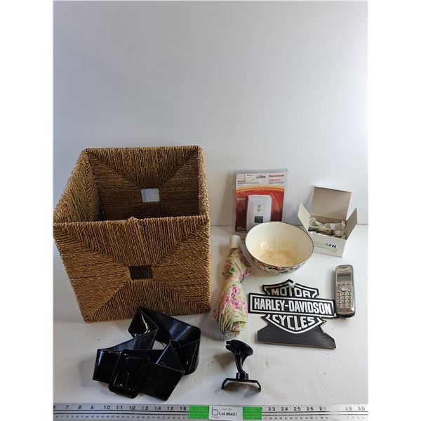 Wicker Box, Ladies Belt, Panasonic Phone, Moen Cartridges, Enamel Bowl, Umbrella and Misc