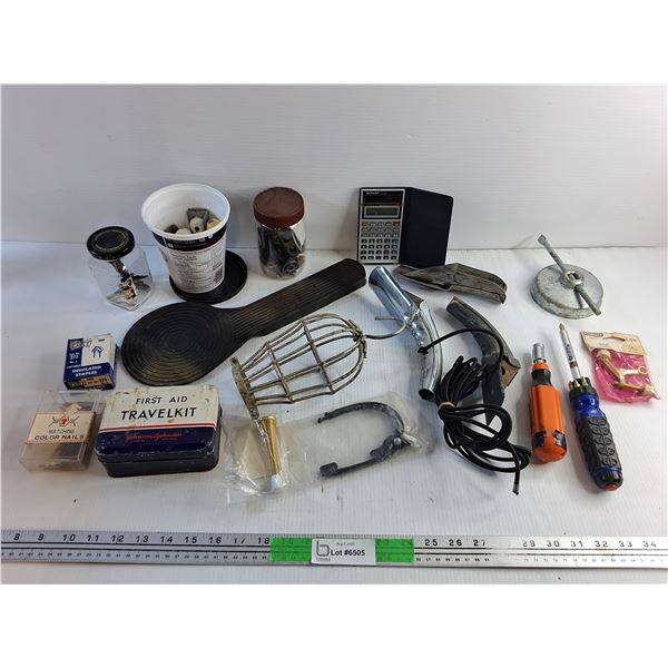 Vintage First Aid Travel Kit, Accelerator Dust Guard, Various Hardware, Bit Screwdrivers, Calculator