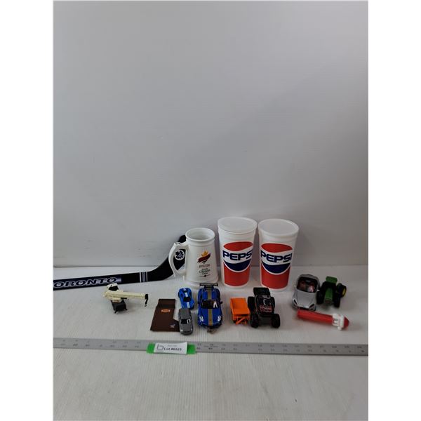 (2) Pepsi Cups, Variety Of Toy Cars, Mini Hockey Stick  & Pez Candy Dispenser