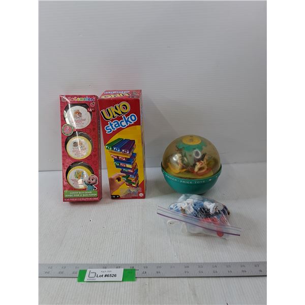 Fisher Price Roly Poly Chime Ball, UNO Stacko, Cocomelon  Bath Bombs & Toy Smurfs