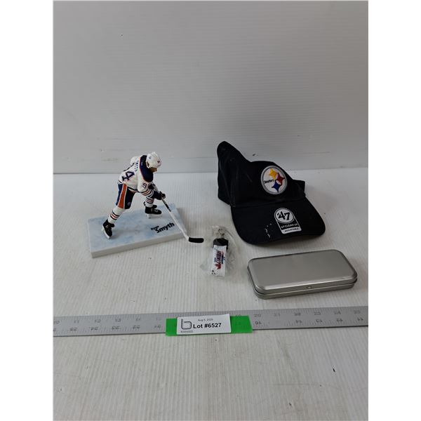 Hockey Player Figurine, Steelers Hat, Stop Watch & Keychain Holder