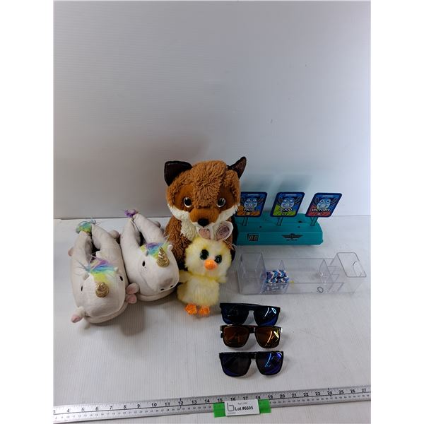 (2) Plushes, Slippers, (3) Sunglasses, Misc