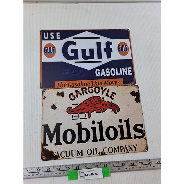 (2) Metal Novelty Signs -- Gargoyle Mobil Oils 12'' x 8'', Gulf Gasoline 12'' x 8''