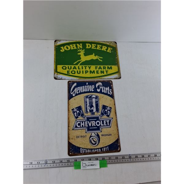 (2) Metal Novelty Signs - John Deere 12'' x 8'', Chevrolet 8'' x 12''
