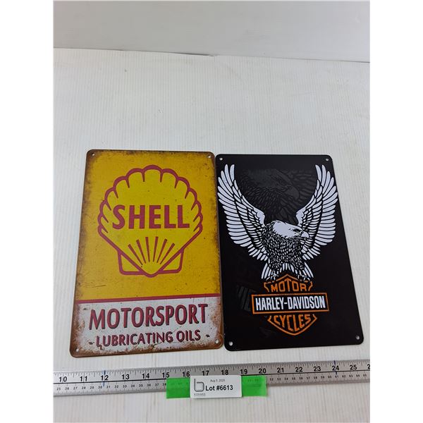 (2) Metal Novelty Signs Shell Motor Oil 8'' x 12'', Harley Davidson 8'' x 12''