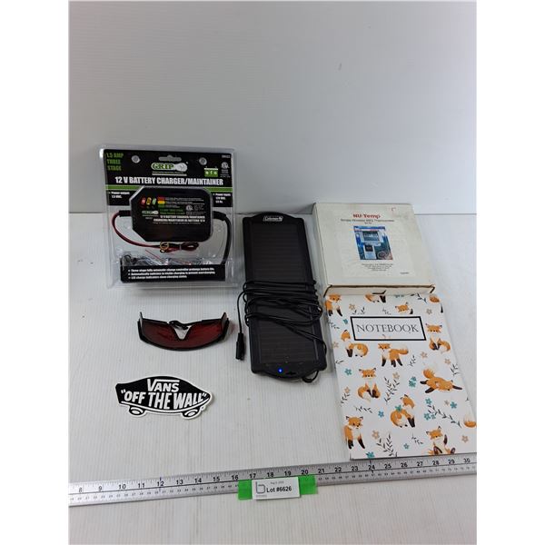 Grip 12V Battery Charger/Maintainer, Sunglasses, Coleman Solar Panel, Misc
