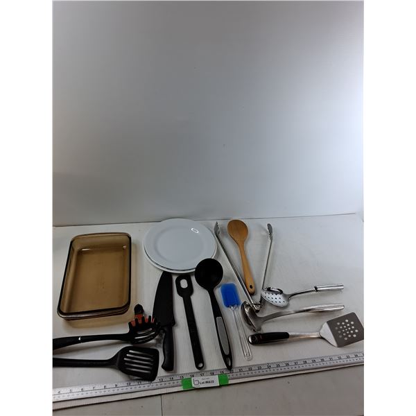 Casserole Dish, (2) Plates, Kitchen Knife, Misc