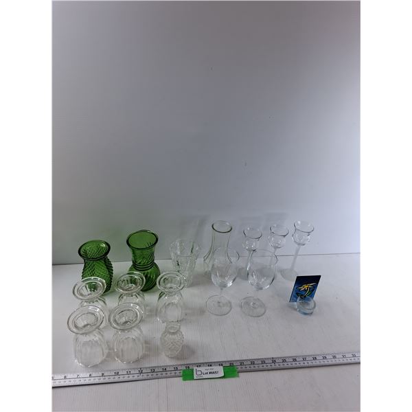 (5) Glass Egg Cups, (3) Glasses, Candle Holder, Misc