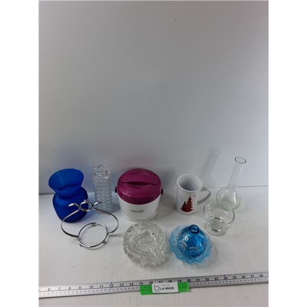 Crock-Pot, Glass Ash Tray, (3) Vases, Misc