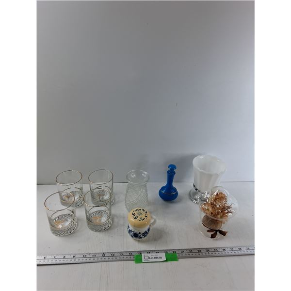 (4) Glasses, (2) Vases, Decanter, Misc