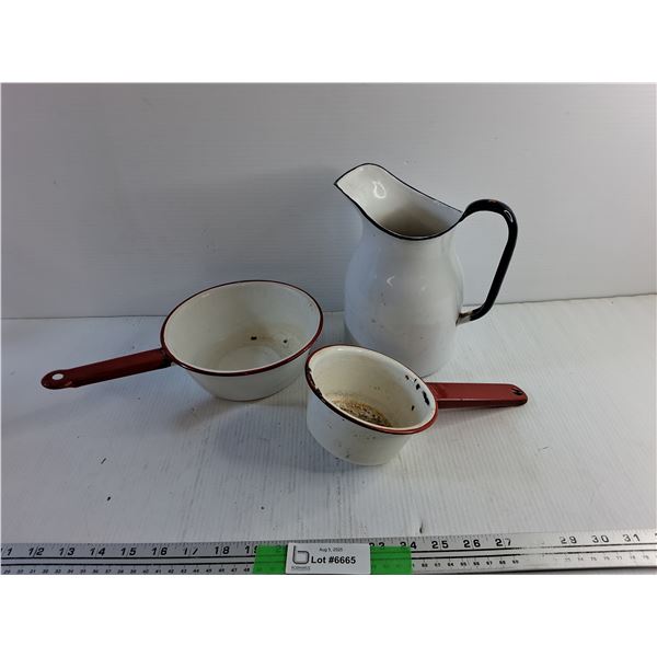Enamel Water Dippers and Pitcher