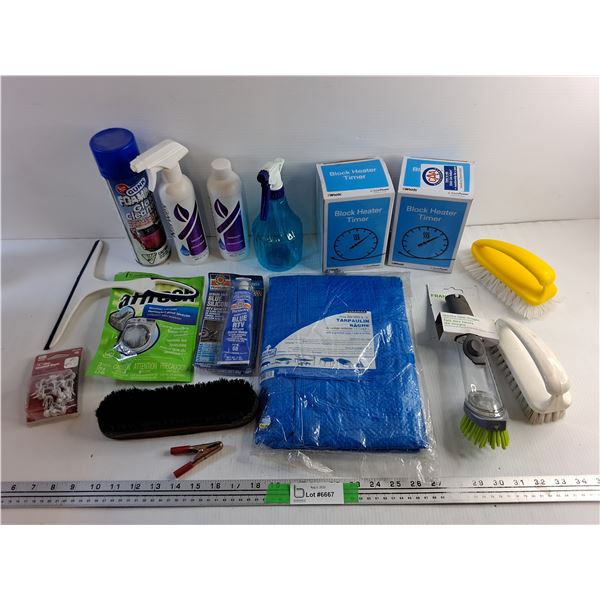 Block Heater Timers, Blue Silicone, Heavy Duty Tarp,  Glass Cleaner, Brushes, Misc