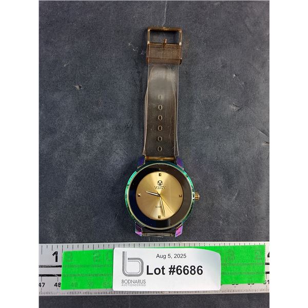 Visson Quartz Watch with Gold Face and Clear Band - Tested