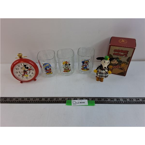 (3) Mickey Mouse McDonalds Glasses, Minnie Mouse Wooden Doll, Mickey Mouse Alarm Clock As-Is