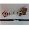 Image 1 : (3) Mickey Mouse McDonalds Glasses, Minnie Mouse Wooden Doll, Mickey Mouse Alarm Clock As-Is