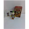 Image 2 : (3) Mickey Mouse McDonalds Glasses, Minnie Mouse Wooden Doll, Mickey Mouse Alarm Clock As-Is