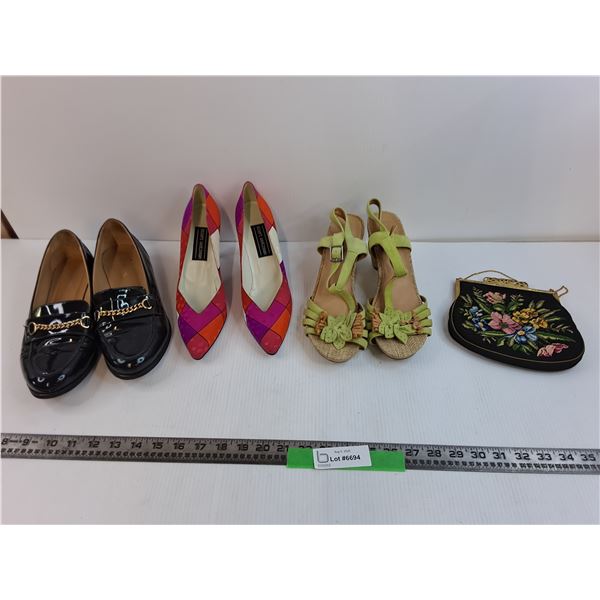 (3) Womens Shoes US 9 Woias, US 9 Stuart Weitzman, Us 10.5 Karston, and Flower Purse