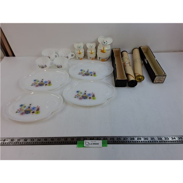 (2) Vintage QRS Word Rolls, (3) Mouse Shakers, (4 place) Federal Chalet Milk Glass Snack Set