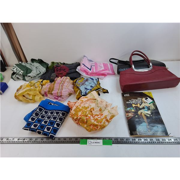(8) Various Scarves, (2) 13" Wide Purses, Needlecraft Book