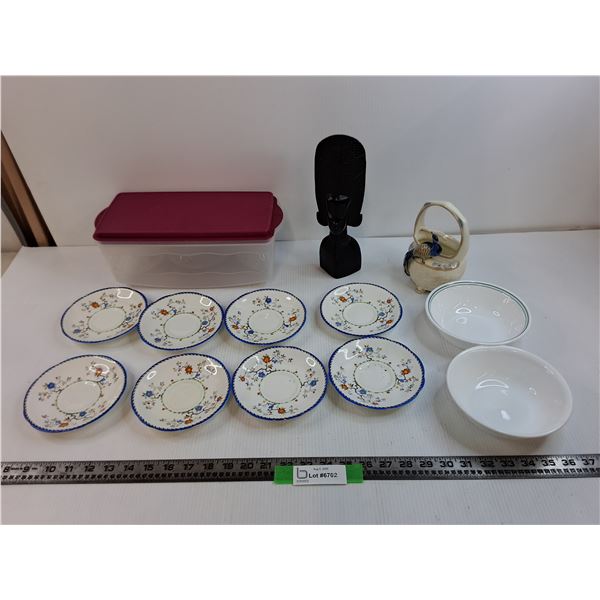 (8) Paragon Blossom Plates, (2) Corelle Bowls, Container, Misc