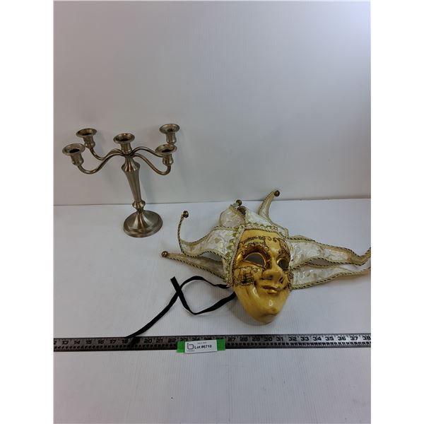 12" Metal Candle Stick And Jester Mask
