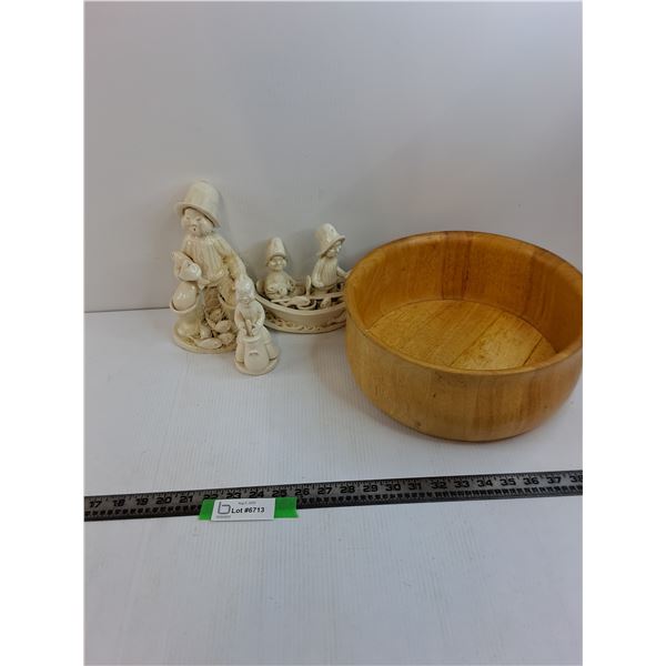 (3) Handmade Fishing Sculptures, 12" Wooden Bowl