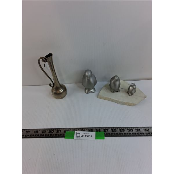 (3) Penguin Statues, 7" Skinny Metal Spout