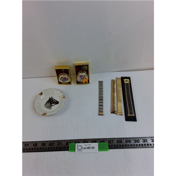(4) Watch Bracelets, (2) Ashtrays, Horse Plate