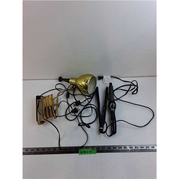(2) Curling Irons - Both Power On, Vintage Accordion Arm Spot Light - No Power, As is