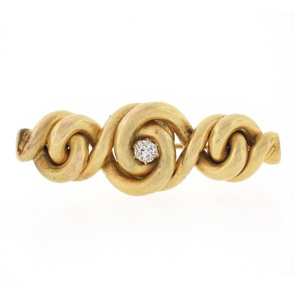 Antique Victorian 14k Yellow Gold.25 ctw Diamond Intricate Braided Bar Brooch Pi