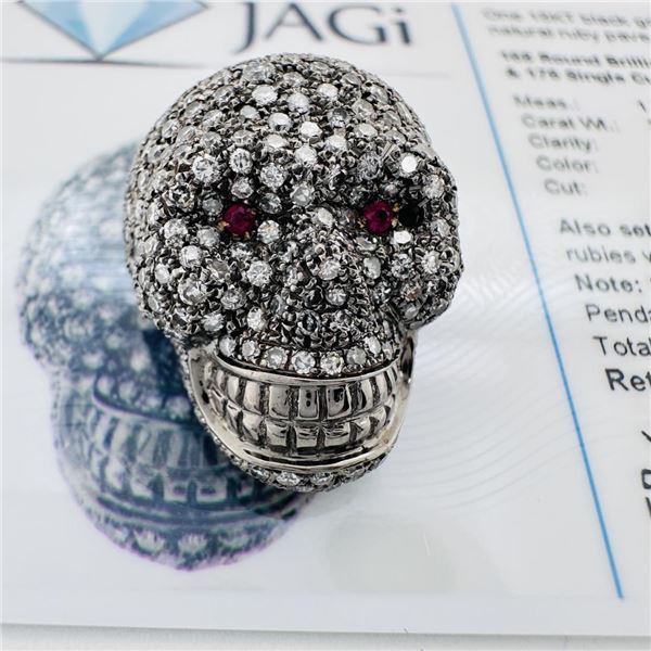 2.84 ctw Diamond and 0.04 ctw Ruby 18K Black Gold Pave Skull Pendant