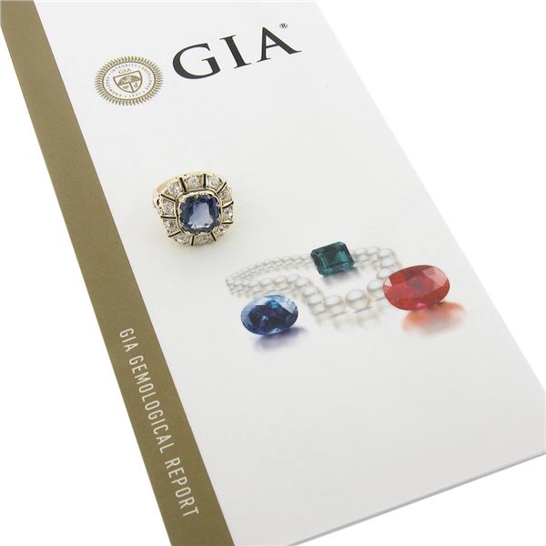 Vintage 14K Gold GIA Ceylon No Heat Cushion Sapphire & Diamond Halo Platter Ring