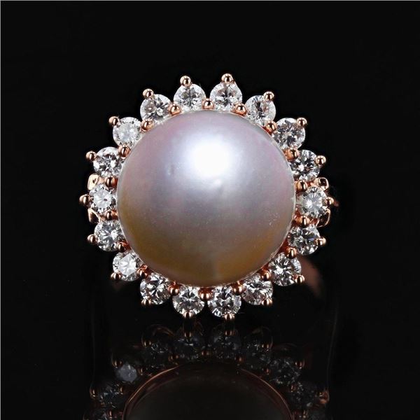 12.5mm White South Sea Pearl and 0.92 ctw Diamond 14K Rose Gold Ring
