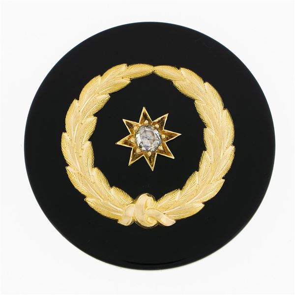 Antique 14k Gold Textured Laurel Wreath Diamond Black Onyx Round Brooch Pendant