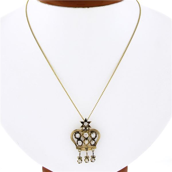 Antique Victorian 14K Gold.78 ctw Diamond Open Star Crown Dangle Pendant & Chain