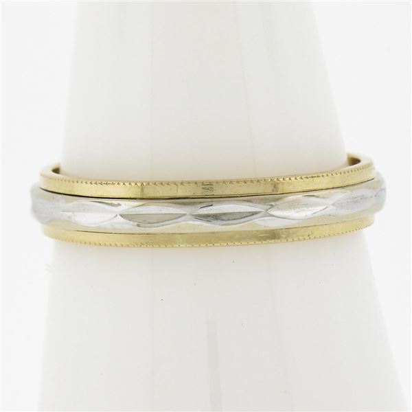 Classic 18k TT Gold Faceted Center w/ Milgrain Eternity Stackable Band Ring