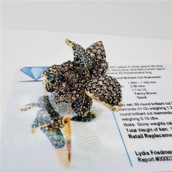 4.18 ctw Fancy Brown, Fancy Blue, & White Diamond 14K Yellow & White Gold 3D Flo