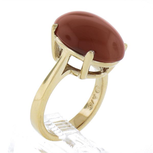 14k Yellow Gold 18x13mm Oval Cabochon Orange Prong Set Agate Solitaire Ring