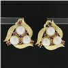 Image 5 : Vintage 14K Gold 6.5mm Cultured Pearl & Ruby Florentine Finish Omega Earrings