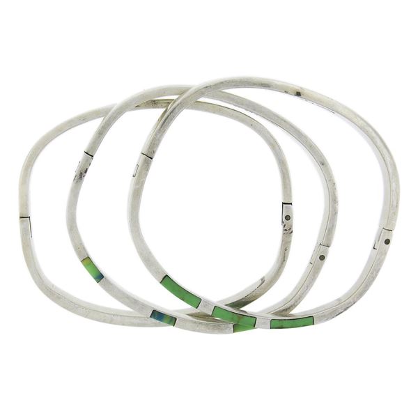 Set of 3 Vintage Handmade Silver Inlaid Turquoise Open Hinged Bangle Bracelet